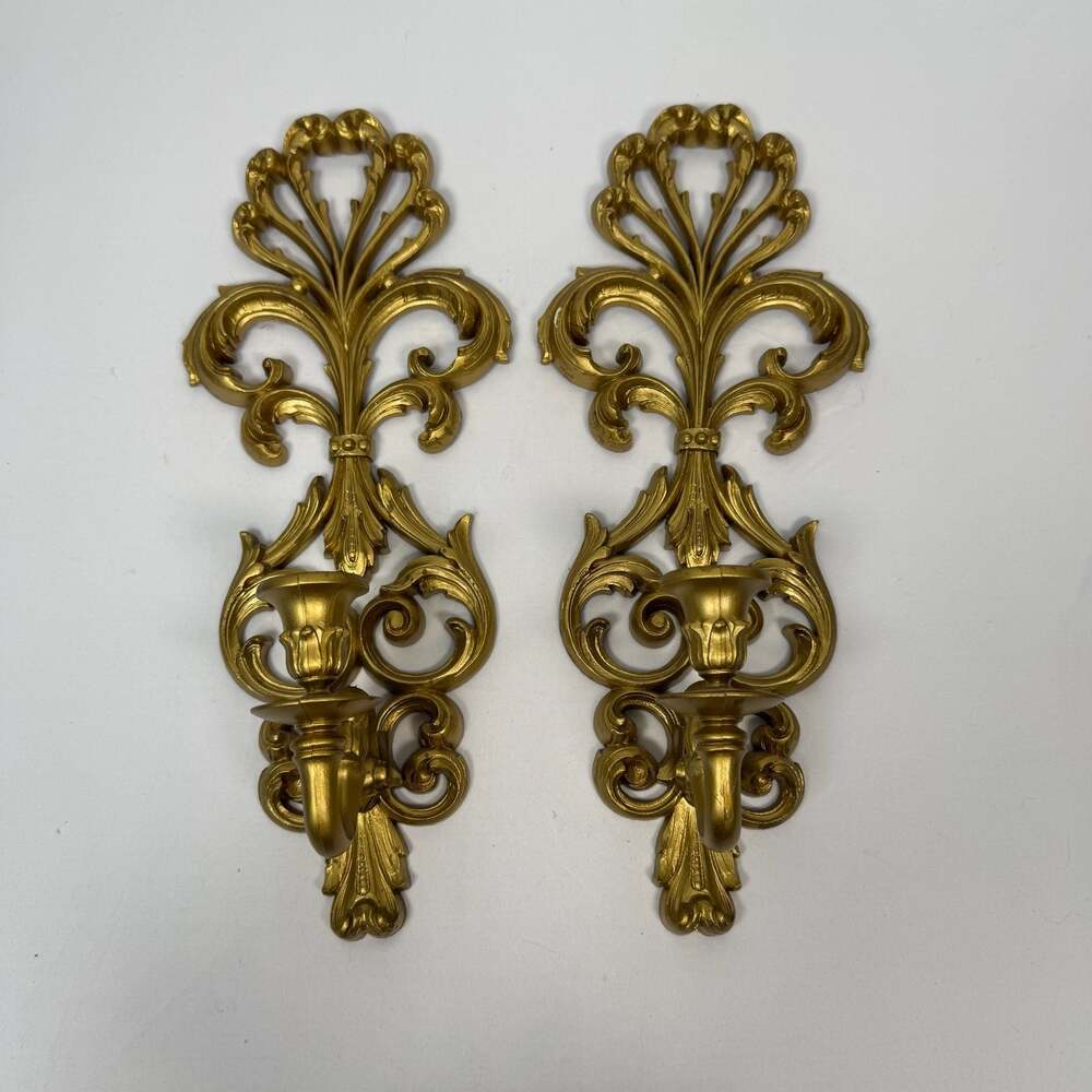 Vintage Burwood Hollywood Regency Gold Wall Sconce Candle Holders Set of 2 - Picture 1 of 8